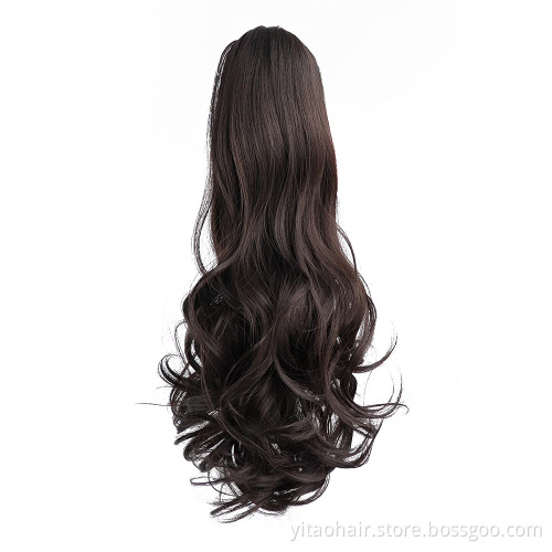 Long Wavy Dark brown  Ponytail Claw Hair 24 Inch Long Wave Ponytail Extension Synthetic Wrap Around Drawstring Hair with 1Clips